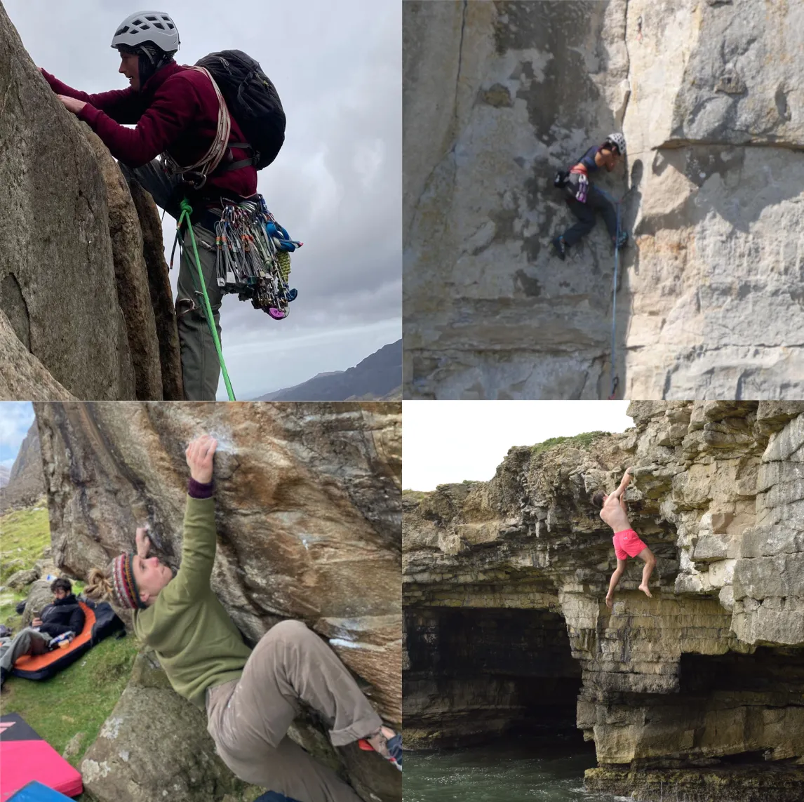 Four images display four different disciplines of climbing: bouldering, sport, trad, and deep-water solo